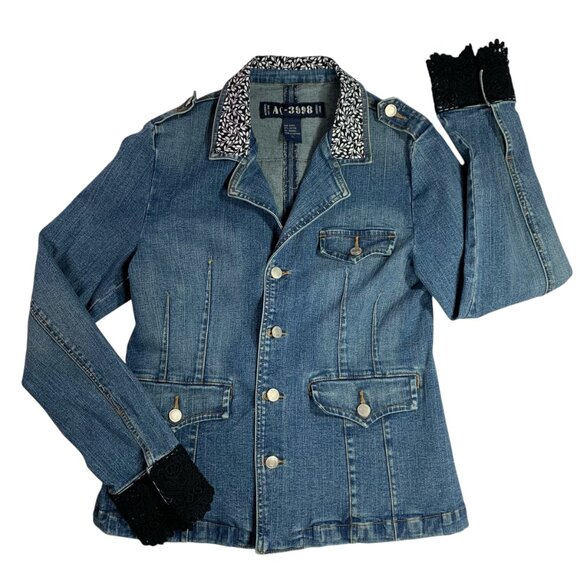 Western Glam Denim Jacket Blazer Black Lace Flower Appliqué Rockstar Boho Chic - Picture 3 of 13